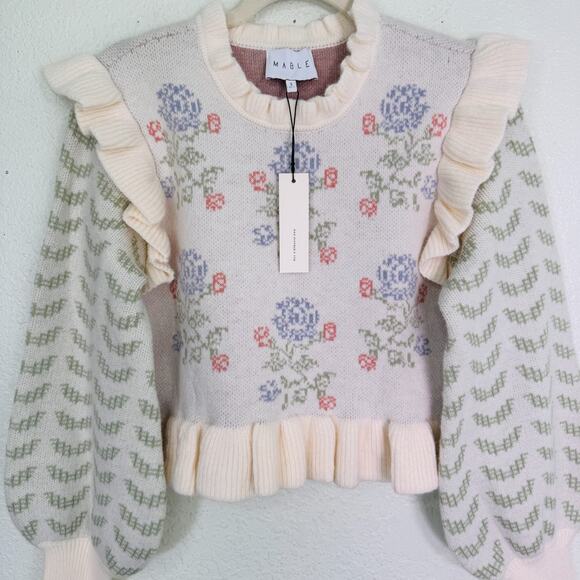 Mable Sweater Skirt Set Women Small Claire Pastel Floral Knit Ruffle Cottagecore - Picture 4 of 15